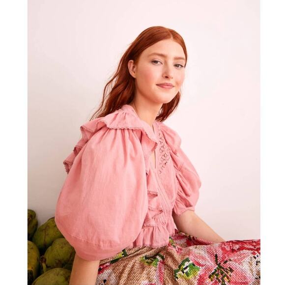 Farm Rio Tops - Farm Rio Blush Pink Puff Sleeve V-Neck Cropped Bohemian Blouse Size XS